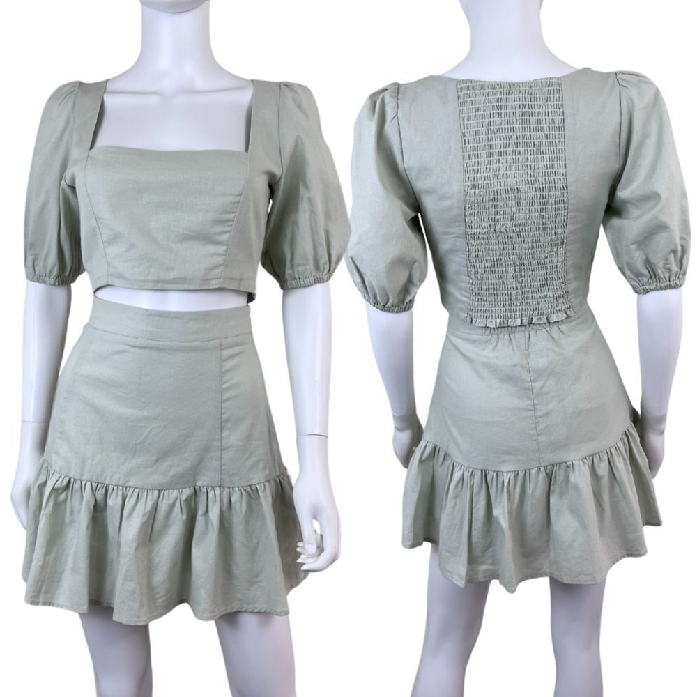 O.P.T Sana Size M Puff Crop Top Ruffle Tiered Mini Skirt Cotton Smock NEW Set